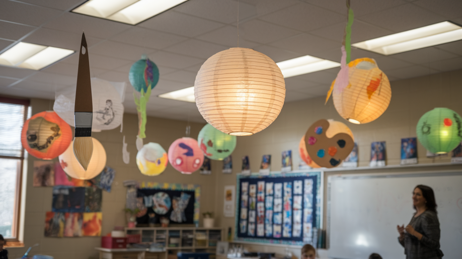 11. Hanging Paper Lanterns with Art Themes
